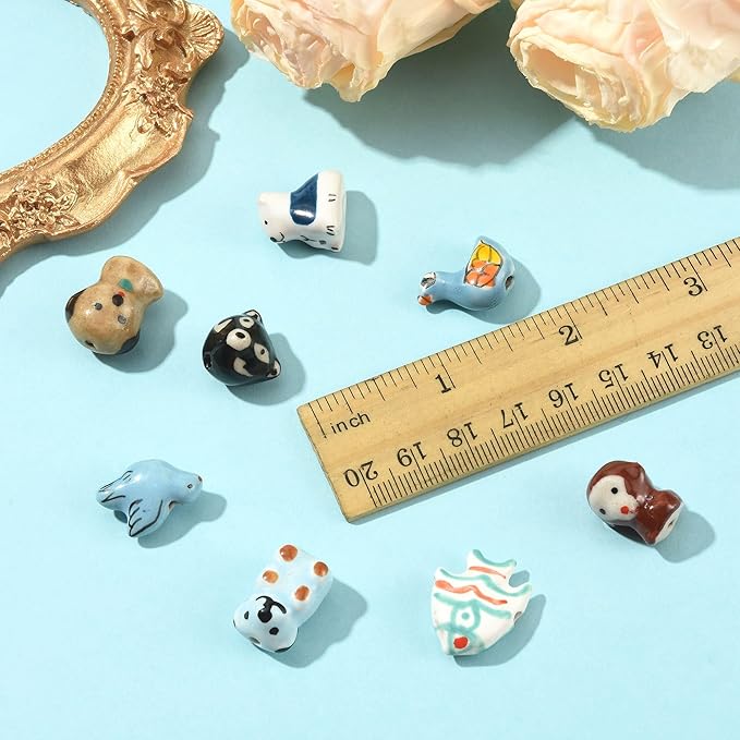 8Pcs Ceramic Porcelain Beads for Bracelets Making 8 Styles Monkey Wolf Dog Bear Fish Bird Handmade Famille Rose Ceramic Spacer Beads for DIY Jewelry Necklaces Earrings Keychains Crafting