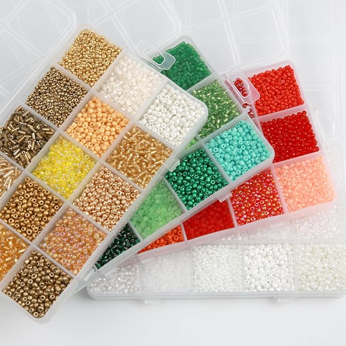 GTAAOY Mix 15 Color Glass Seed Beads, Glass Bugle Beads Tube Beads for Adults, Bracelet Bead Boards, Tweezers,Elastic Sting for Jewelry Making(Mix Size,White)