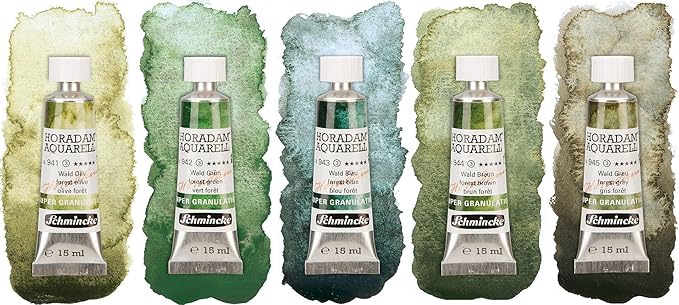 Schmincke - HORADAM® AQUARELL, Super-Granulation Set Forest, 5 x 15 ml tubes, 74 851 097, wooden box, very strong granulating watercolors
