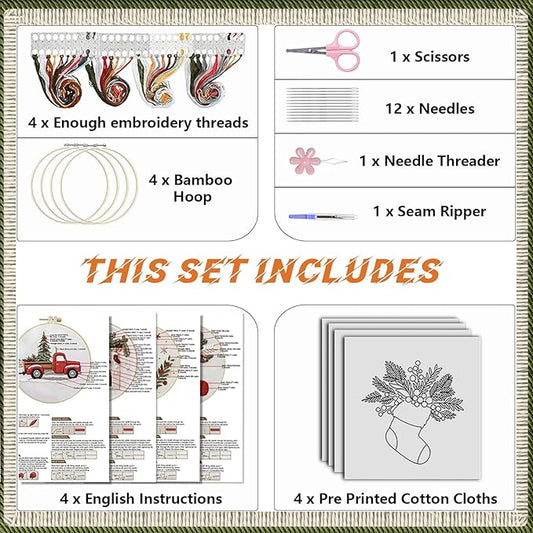 wkalxj 4 sets embroidery kits for beginners adults, cross stitch kits, needlepoint kits with instruction, video, needle point kits with candy fireplace stocking truck patterns (4 sets b)