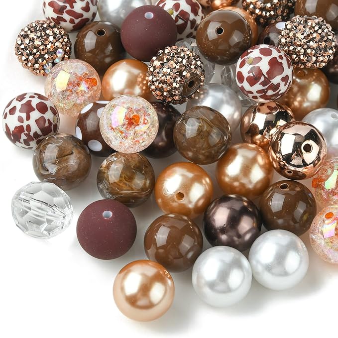 Ipotkitt 50 Pcs/Set Coconut Brown Leopard Print Beads Bracelet Bead Kit with Chain Clasp Candy Color Acrylic Round Spacer Beads for Jewelry Making