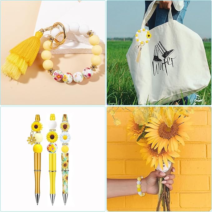 104Pcs Daisy Silicone Beads for Keychain Making Silicone Focal Beads Bulk Yellow White Round Hexagon Loose Beads for Pens Necklace Bracelets Jewelry Making