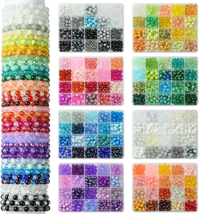 Echoed Elegance 8 Color Gradient Glass Beads Kit - 400pcs 8mm Round Beads for DIY Jewelry Making, Bracelets, Necklaces - Mixed Blending Color Craft Beads with Storage Box (Black White)