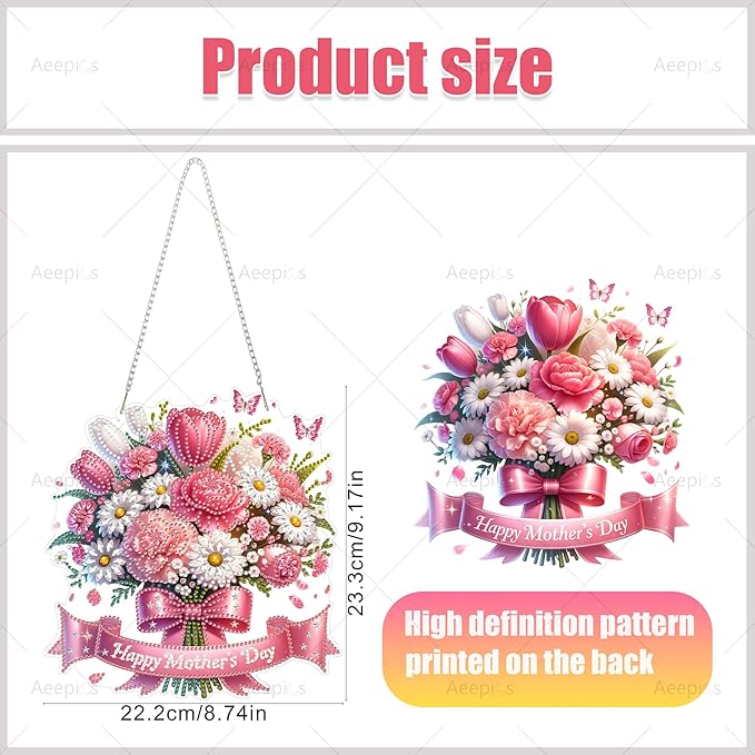 Aeepics Hanging Diamond Art Kit for Adult, DIY Diamonds Painting Pendant Ornament Kit, Acrylic Diamond Art Painting Board Kit (Mother's Day)