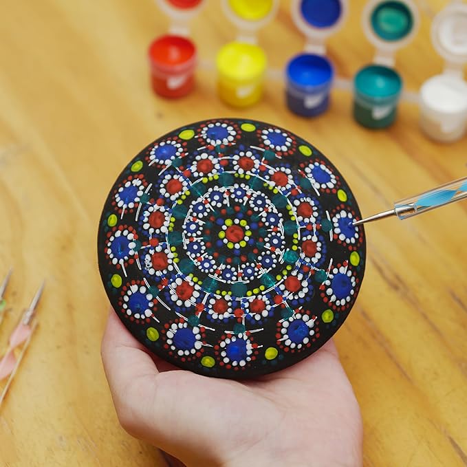 Mandala Rock Painting Kit β Mandala Dotting Tools Set - 5 Large Wooden Rocks + 6 Stencils + Acrylic Paints - Relaxing Arts and Crafts for Adults Women - DIY Hobbies Art and Projects Dot Art Kit