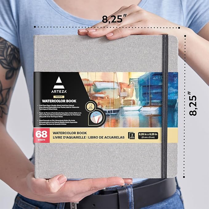 ARTEZA Watercolor Sketchbooks, Pack of 2, 8.25 x 8.25 Inches, 68 Sheets Each, 110 lb / 230 GSM, Cold Press, Dual-Sided, Acid-Free Linen-Bound Hardcover Books for Watercolor and Mixed Media