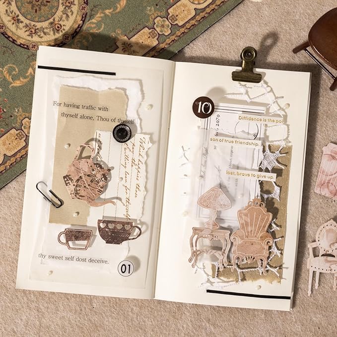 Vintage House & Tableware Laser Cut Ephemera Sticker Set – 120pcs Houses Chairs Sofas Teapots Cups for Scrapbooks Journals Cardmaking DIY Crafts Decor