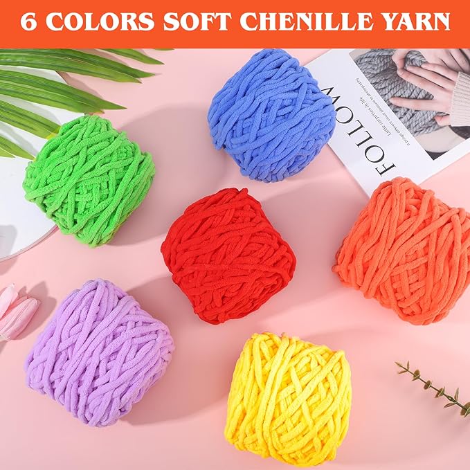 WSICSE Chenille Fluffy Yarn, Thick Chunky Blanket Yarn for Crocheting Plush Soft for Knitting DIY Easter Basket Stuffers, 6 Pack 100g Each 3.5 oz 55 Yards(Rainbow)