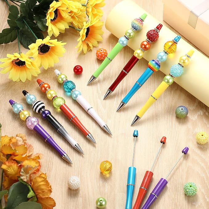 Geyee 15 Pcs Plastic Beadable Pens Assorted Bead Pens Multicolor Bubblegum Crystal Spacer Beads, Black Ink Ballpoint DIY Set, Back to School Gift for Student Summer Ocean Party Gifts(Rainbow Color)