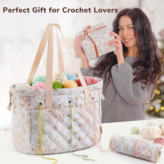 MYBAGZING Portable Crochet Bag Organizer with Crochet Hook Organizer Roll, Quilted Yarn Storage Tote with Grommets, Knitting Project Bag for Yarn & Accessories, Floral Craft Tote Gift for Crocheters