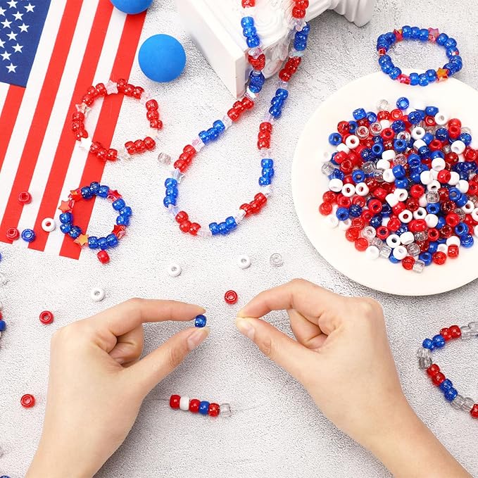 UPINS 1200Pcs Red White Blue Pony Beads, 1200Pcs Independent Day Patriotic Beads 4th of July Pony Beads for Jewelry Making Crafts DIY Necklace Bracelets Hair Beads