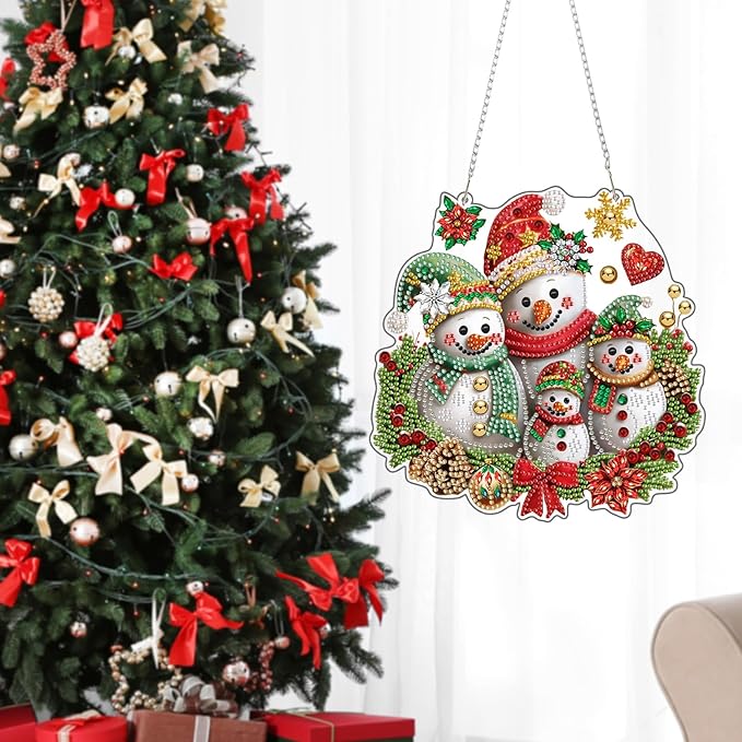 CEOVR Christmas Hanging Diamond Painting, Snowman Special Shape Diamond Art, Christmas Winter DIY Gem Art Craft for Adults, Acrylic Home Garden Decor with Chain, Box Kit 7.79x7.79In