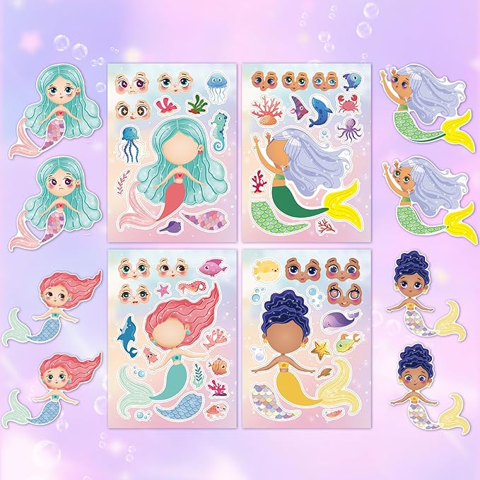 aowplc 32 sheets mermaid make‑a‑face stickers for kids, mermaid party favors for girls, birthday crafts, goodie bag stuffers