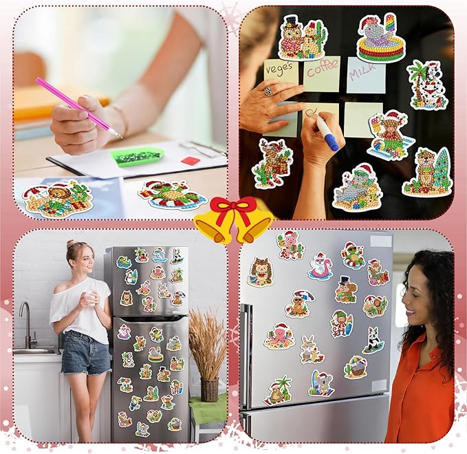 Xuhal 30 Pcs July Christmas Diamond Painting Magnets Beach Christmas Animal Diamond Art Magnets Kits for Adults 5D Rhinestone Summer Santa Hat Animal Refrigerator Magnetic Sticker for DIY Fridge Gifts