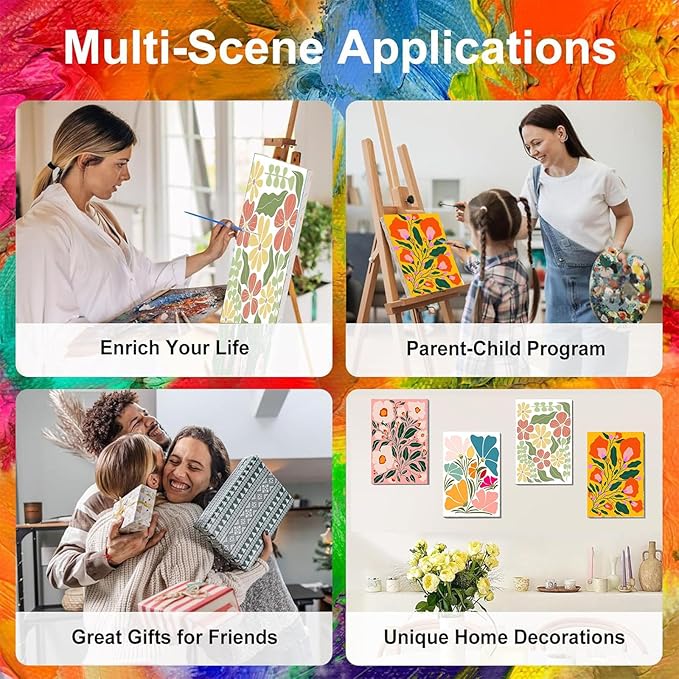 4 Pack Paint by Numbers for Adults with Framed Canvas - with Wooden Easel, Easy Flower Paint by Number for Beginners, Flowers Acrylic Oil Painting on Canvas with Brushes for Home Wall Decor 8x12 inch