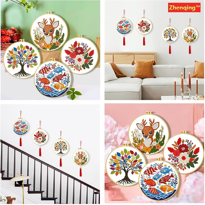Zhenqing 4-Piece Nature Themed Cross Stitch Kit - Deer, Tree, Fish & Flower Designs with Pre-Printed 11CT Fabric, Hoop & Tools for Beginners (69180)