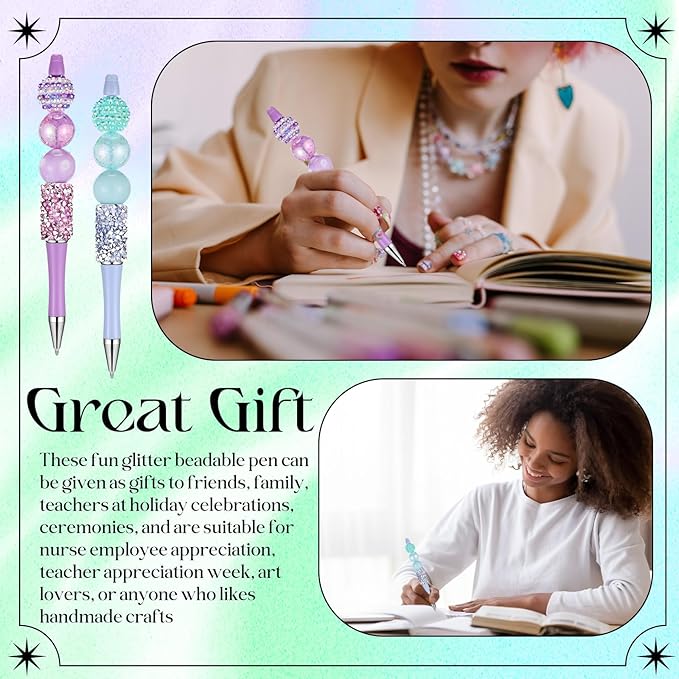 40 Pcs DIY Beaded Pens Kit, 10 Rhinestone Glitter Beadable Pens with Refills & Bags & Card (Beads Not Included) for Cute Craft Gifts Making School Supplies Office Accessories(Mini Beads)