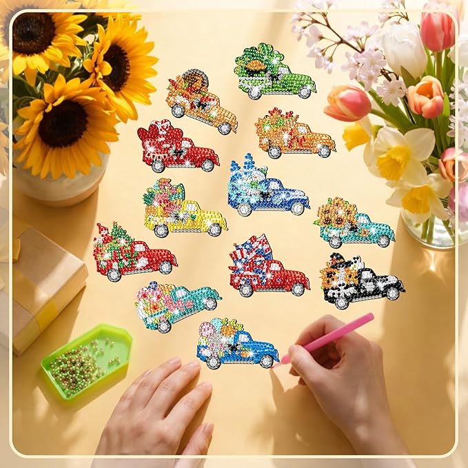 Frienda 12 Pcs Diamond Art Magnets Refrigerator Seasonal Diamond Painting Magnets Holiday Truck Easy Kits Interchangeable for Adults Beginners DIY Truck Home Decors Gifts Craft