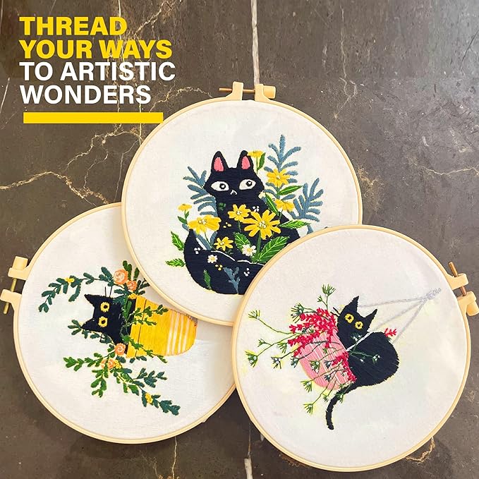 The ZenStore Embroidery Kit for Beginners โ Black Cats & Kittens 3 Pattern Set โ Complete DIY Needlepoint Kit with Hoops, Thread, Fabric, and Tools โ Cute Animal Cat Embroidery Gift