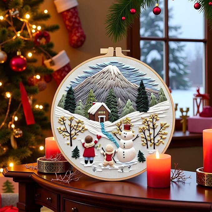 haootadiy christmas beginner embroidery kit for adults, easy cross stitch kit for beginners and adults, full embroidery hoop kit with needles and thread included (pattern 9)