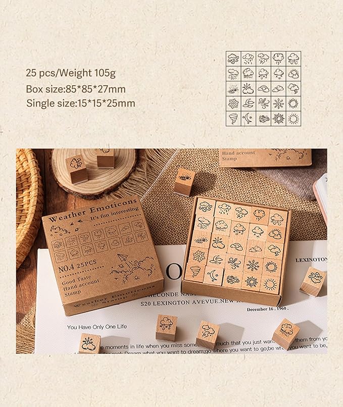25pcs Weather Wooden Rubber Stamps Kit, Cute Small Weather Theme Stamps for Decorative Diary Planner DIY Craft Scrapbook Card Making Letters Journal
