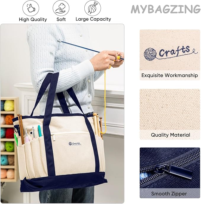 Canvas Yarn Storage Organizer Bag Washable Crochet Bag with Pockets for Yarn, Hooks, Needles – Travel Knitting Tote for Crafters – Gift for Crocheters & Knitters (Medium/Large)