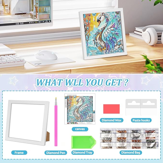 SENQAO Swan Diamond Art Kit for Adults with Frame Art and Crafts for Adults Ages 6-8 -10-12 Easy to DIY Diamond Art for Adults and Adult Beginners Home Wall Decoration 7.1x7.1inch
