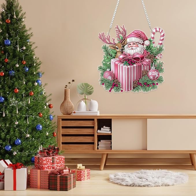 RICUVED Hanging Diamond Art Kit for Adults, Christmas Special Shaped Crystal Gem Craft Pink Diamond Painting Pendant Kit for Beginners, Deer DIY Hanging Acrylic Art Ornament for Home Garden Decor