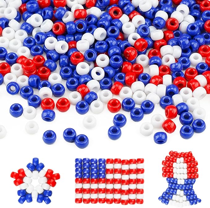 sistenia 1000+ pony beads 9mm patriotic acrylic red white blue beads for 4th of july crafts bracelets hair braids diy projects, independence day memorial decorations