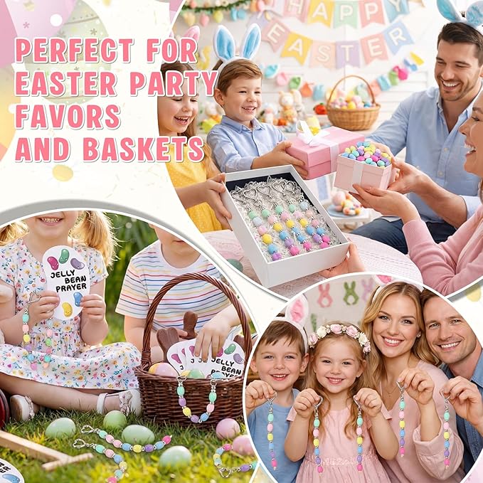Equsion 423 Pcs/30 Sets Religious Easter Crafts Keychain Beads Making Kit with Jelly Bean Prayer Cards Colorful Beads for Easter Egg Filler Christian Church Sunday School Activities Party Favor Decor