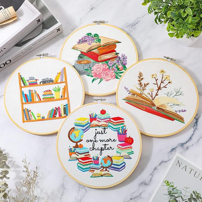 Unittype 4 Set Embroidery Kit for Beginners Adults Book Lovers Funny Cross Stitch Embroidery Kit with Bamboo Hoops Needles Threads Instructions Needle Threader(Classic)