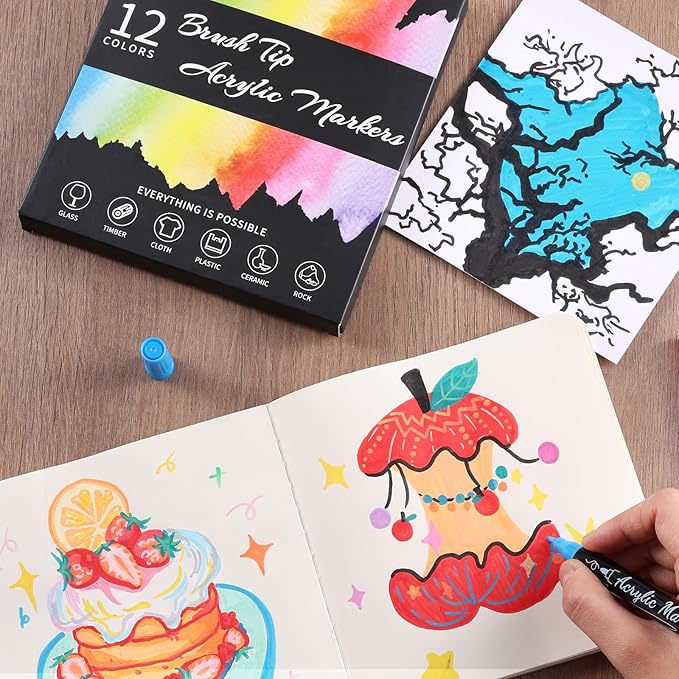 12 Colors Acrylic Paint Markers - Waterproof Dual Tip Acrylic Paint Pens with Brush & Fine Tip Professional Marker Set Scrapbook Markers for Paper Rock Wood Fabric Glass Ceramic and DIY Crafts