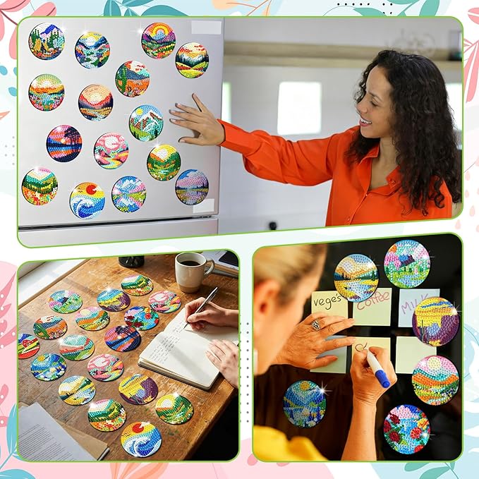 30 Pcs Magnetic Diamond Art Painting Landscape Magnets Fridge Diamond Art Painting Kits Sticker Magnet DIY Craft for Adult Beginner Souvenir Gift Office Home Decor
