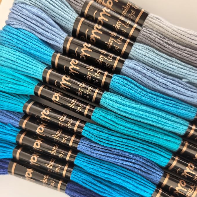 12 Skeins Embroidery Thread, 12 Colors Embroidery Floss Set, Cross-Stitch Threads for Hand Embroidery, String Art(Blue Series)