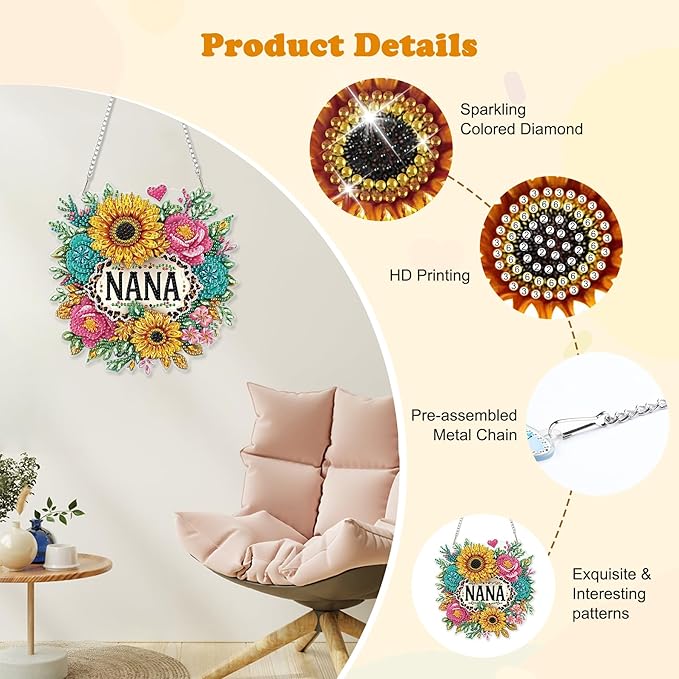 HEIBAGO Mother's Day Diamond Art Hanging Kits for Adults, Diamond Art Suncatchers Nana, 5D Special Shape Diamond Painting Pendant, DIY Window Ornament Gifts for Home Garden Door Wall Decor 8.3x8.3 in
