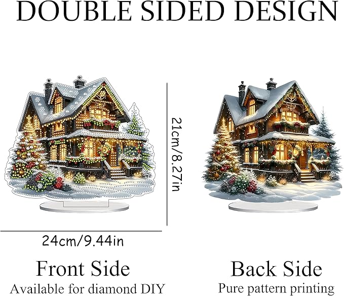 JJFox DIY Tabletop Diamond Art Painting Kit,Special Shaped Rhinestone Desk Placement Ornament,Home Stand Up Gem Painting Craft Kit,Gift,Double Sided. (Christmas House-1)