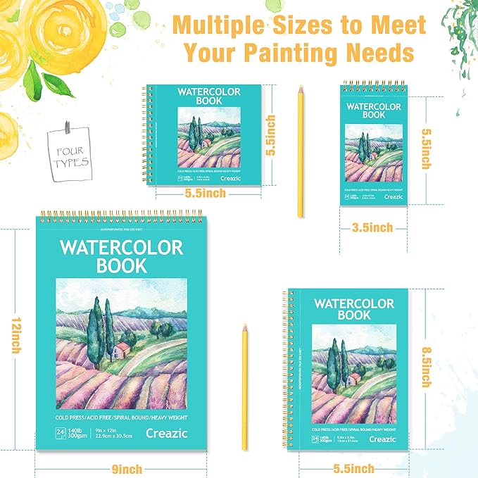 2-Pack Small Watercolor Sketchbook, 3.5" x5.5”(140lb/300g), Spiral Bound with Tear Line. Artist Water Color Paper, Portable Travel Notebook for Watercolor or Quick Sketch - Ideal for Kids & Adults