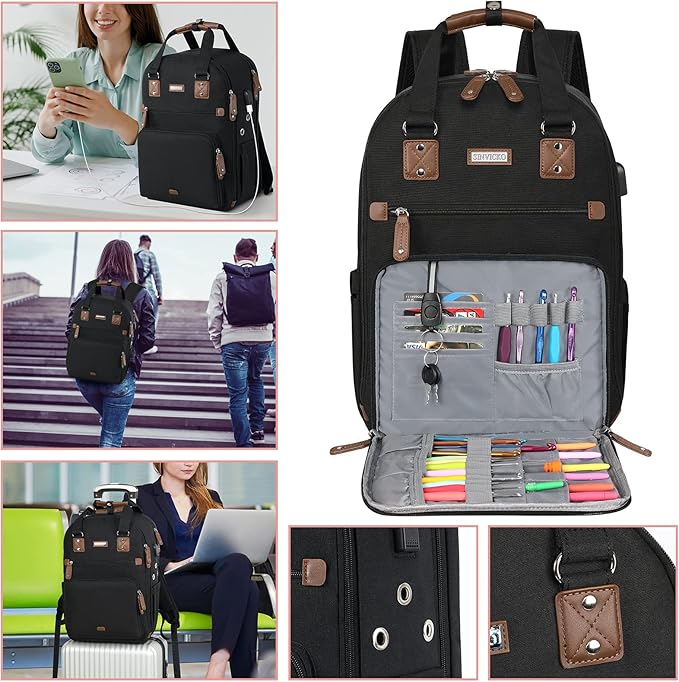 Crochet Bag, Knitting Bag Backpack and Totes Organizer with USB Charging Port, Large Yarn Storage Tote Bag