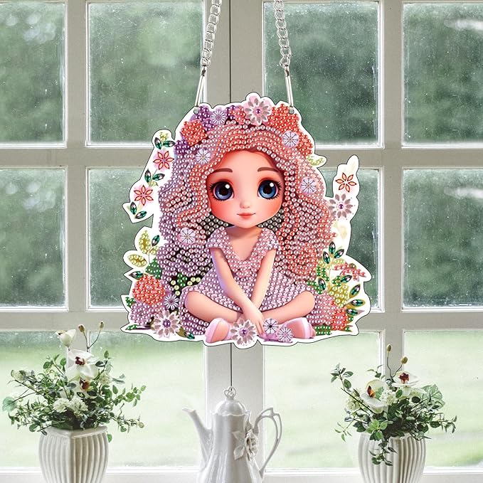 AiYuanzsh DIY Beautiful Girl Diamond Art Hanging Kit, Floral Special-Shaped Crystal Diamond Painting Pendant Ornament for Home Wall Decor Gift for Adults
