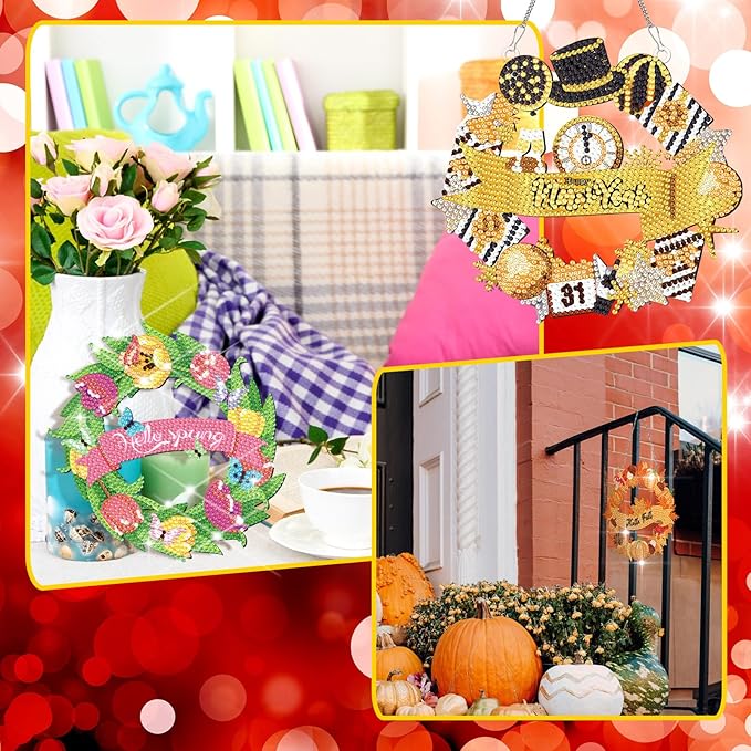 Cinnvoice 12 Pcs Seasonal Diamond Art Wreath Kits Holiday 5d DIY Diamond Art Hanging Signs Winter Spring Ornaments for Wall Door Decoration(Wreath)