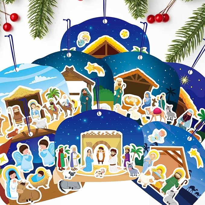 christmas nativity craft kit for kids, make a nativity scene hanging ornament sticker kit, jesus birth stickers, christian religious bible scene party favor home classroom activity(24 sets)