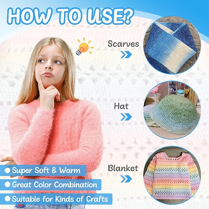 Aeelike Gradient Yarn for Crocheting, 3 Skeins Cake Yarns 100g (3.52 oz) 245m (267 Yards) # 3 Light Weight Super Soft Ombré Yarns for Making Blanket Scarves Sweaters, Blue White Gradient