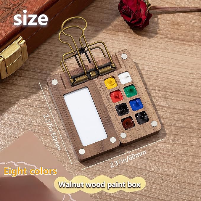 EVOCKAY Portable Watercolor Travel Set - Mini Artist Paint Palette with Clip, 12 Vibrant Colors in 8 Grids, Perfect for Artists, Painters & Students - Wooden Travel Kit
