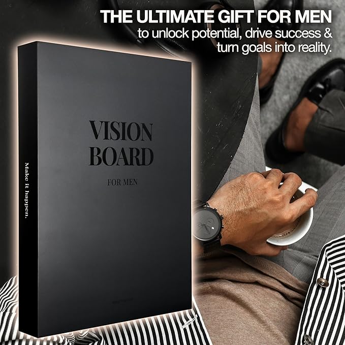 Vision Board Kit for Men - 168 Cards with Diverse Pictures & Quotes, Black Foldable Board & Complete Guide Book | Manifestation Clip Art Collage Supplies for Male Adults | No Old Magazines Needed