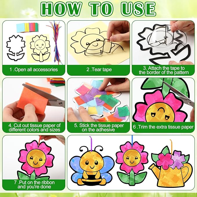 Motipuns 32 Pcs Spring Easter Suncatcher Craft Kit for Adults, Cute Spring Animals Flowers DIY Window Stain Glass Effect Paper Ornaments for VBS Sunday School Art Activities