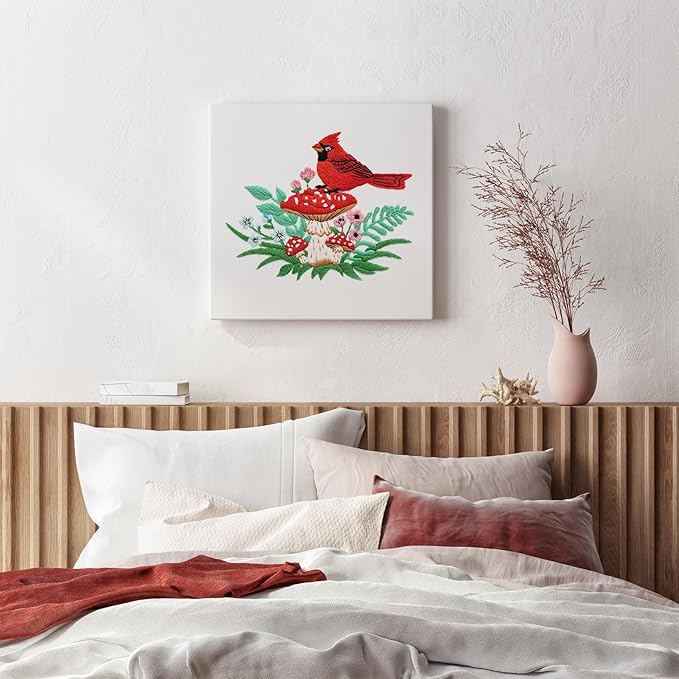 Louise Maelys Cardinal Mushroom Embroidery Kits for Beginners,Cross Stitch Kit for Adults,DIY Needlepoint with Flowers Pattern