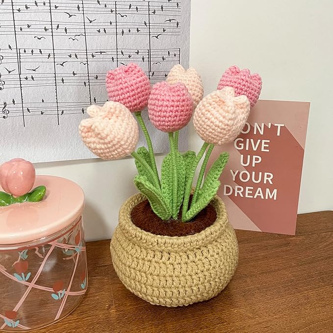 Lily's Lyric Flower Crochet Kit | Tulip Flowerpot | Step-by-Step Video Tutorial for Adults Teenagers | DIY Home Decoration Craft Gift Idea Pink