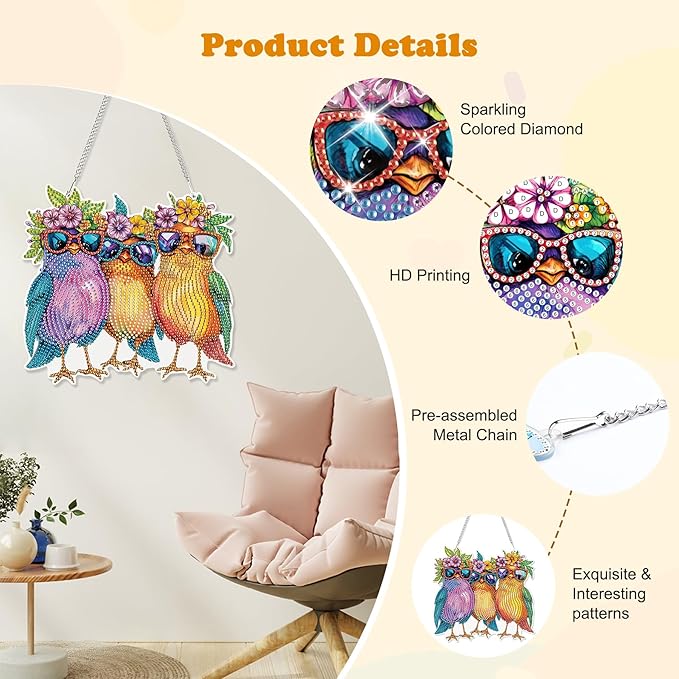 HEIBAGO Birds Hanging Diamond Art Kits for Adults, Fall Special Shaped Crystal Diamond Painting Ornament Kit, DIY Double-Sided Pattern Window Pendant Gem Art Kit for Home Wall Decor 8.3x8.3inch