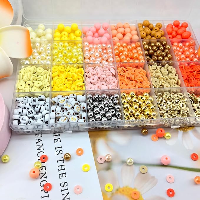2220Pcs Fall Bracelets Beads Kit, Thanksgiving Fall Beads for Jewelry Making Autumn Yellow Orange Clay Beads Pearl Beads Round Loose Spacer Beads Heishi Beads Bulk for Necklace Earrings DIY Craft