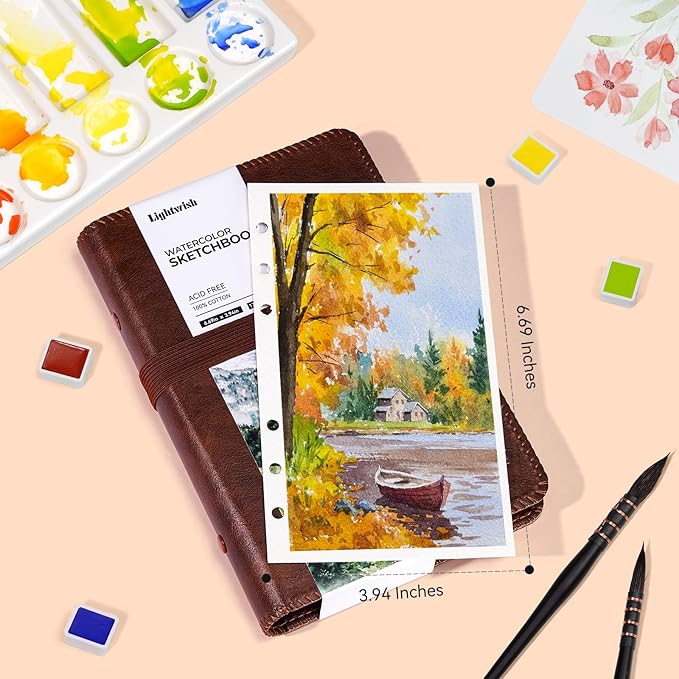 Lightwish Watercolor Sketchbook, 100% Cotton 300gsm Cold Press, 6.69" x 3.94", 20 Sheets, Binder Bound & Refillable, Acid Free Paper for Artists, Adults, Students, Travel Art Journal